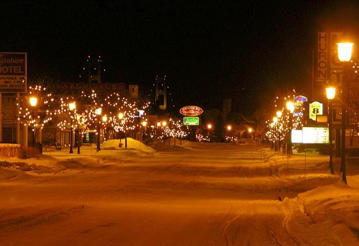 Mckinaw City and the Mackinac Bridge on a winter night.