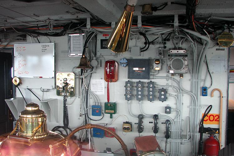 Gages, controls, and wheels on the USCGC Mackinaw