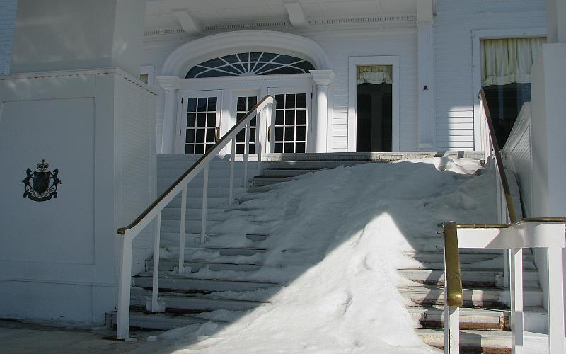Grand Hotel porch stairs in winter