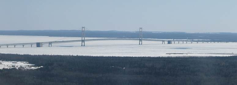 Mackinac Bridge in winter from the air