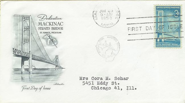 Mackinac Bridge Stamp First Day of Issue cancellation - 1958