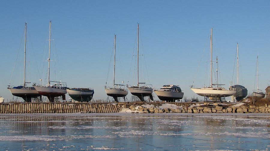 Sailboats in winter dry-dock storage