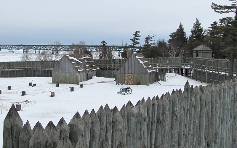 Cannon in the snow at Colonial FOrt Michilimackinac