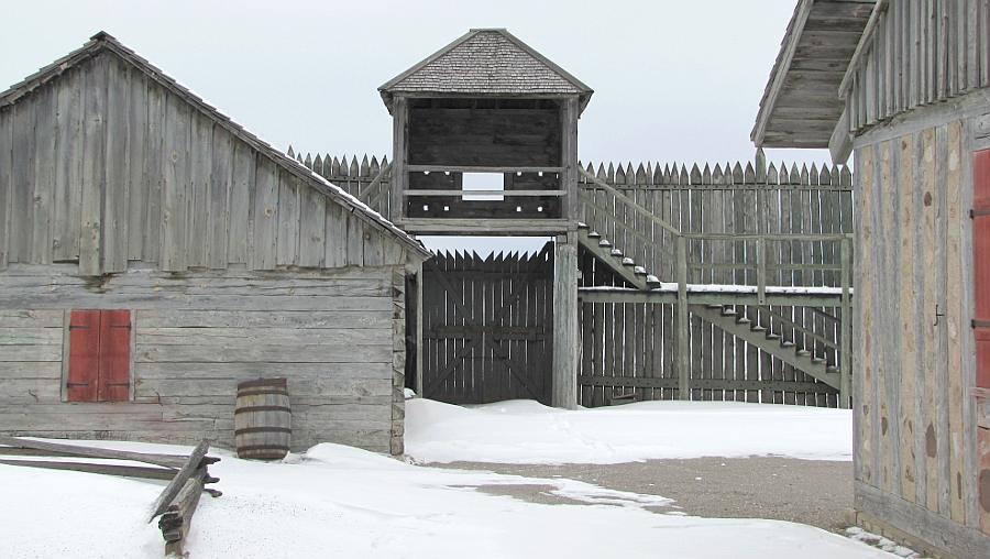 Snowy water gate at Fort Michilimackinac in Mackinaw City, Michigan