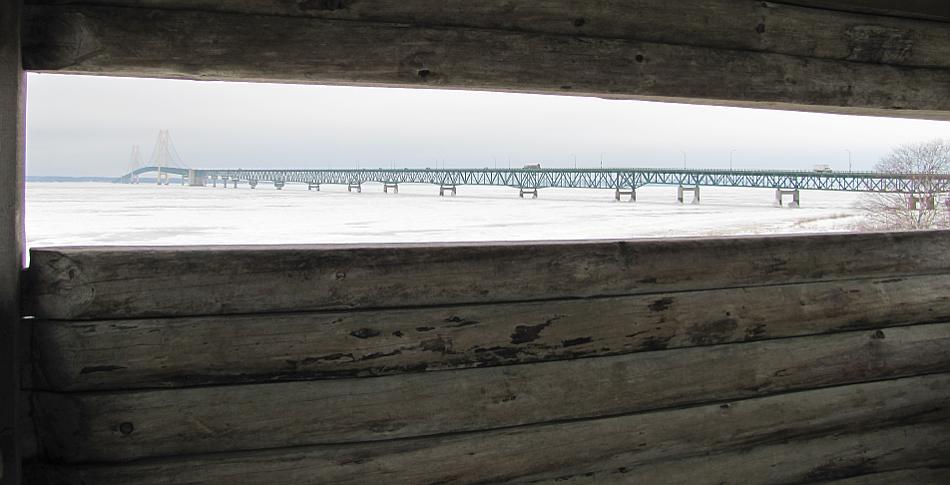 Mackinac Bridge and ice covered Straits of Mackinac