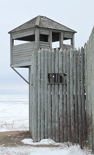 Fort Michilimackinac block house and frozen Straits of Mackinac