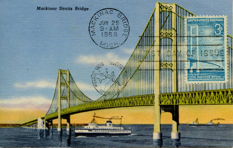 Mackinac Bridge postcard and stamp with First Day of Issue cancellation