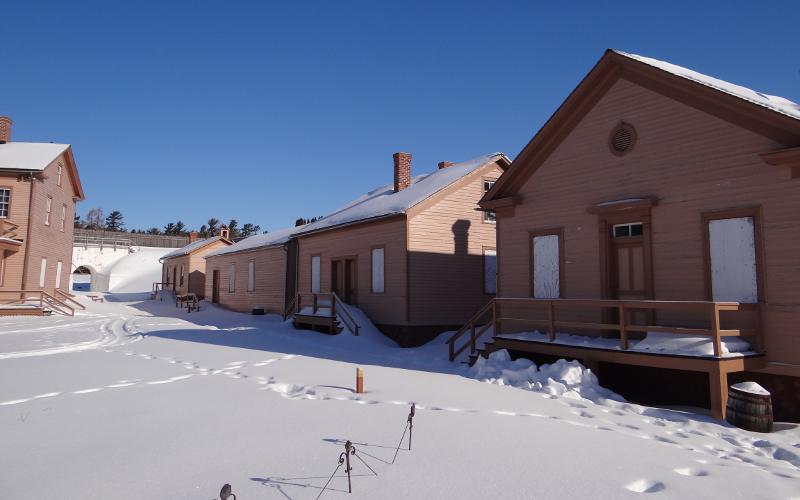 Fort Mackinac buildings with snow in winter