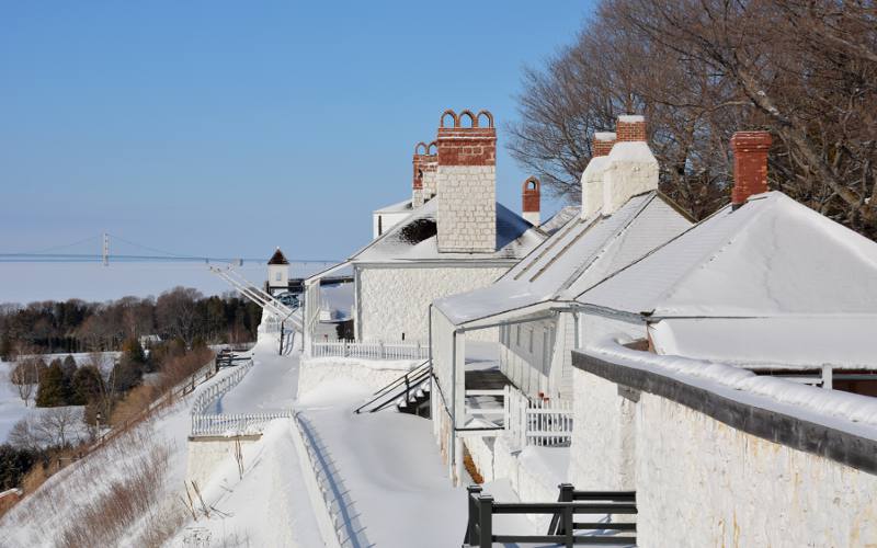 The Mackinac Bridge and the Fort Mackinac officers stone quarters