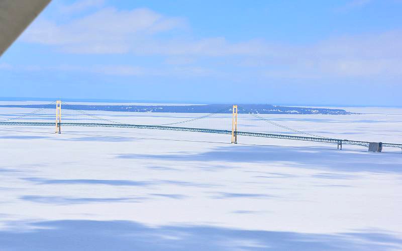 Mackinac Bridge in winter from the air