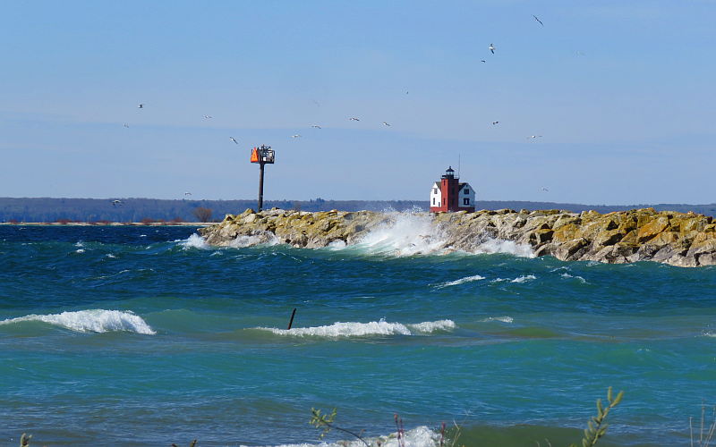 Mackinac Island East Breakwater with Round Island Lighthouse