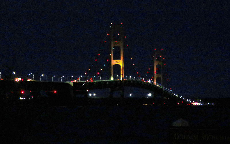 The Mackinac Bridge at night.
