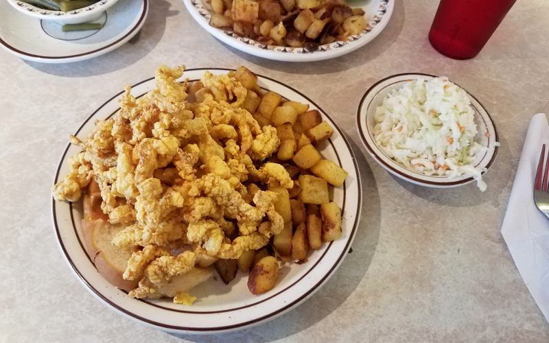 Fried clam roll at Agawam Diner  in Rowley, Massachusetts