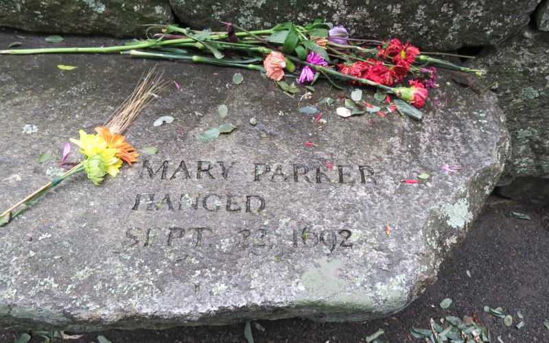 Mary Parker marker bench at the Salem Witch Trials Memorial