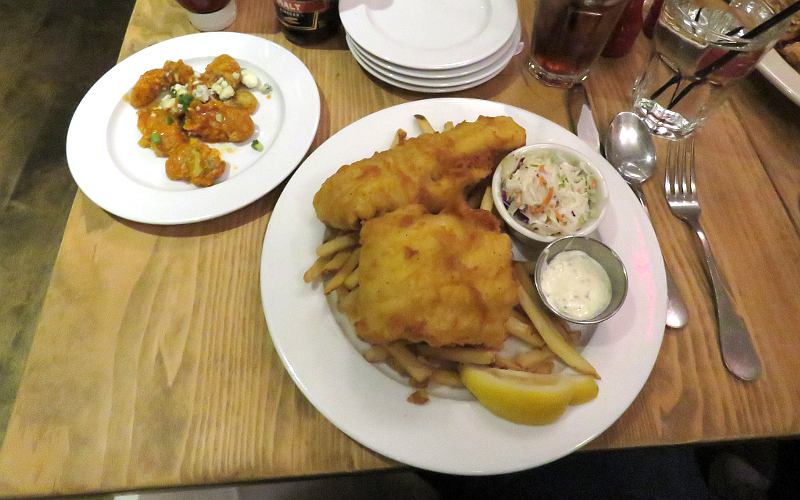 Buffalo fried oyster appetizer and haddock fish and chips at Robert's Maine Grille