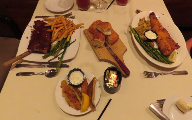 BBQ baby back ribs, fried walleye and sauteed perch