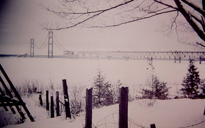 Mackinac Bridge construction in winter
