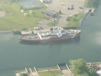 aerial view of Mackinaw through light fog