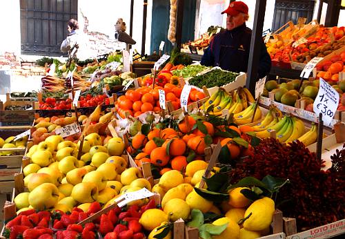Fruts and vegetables for sale in the Erberia produce market