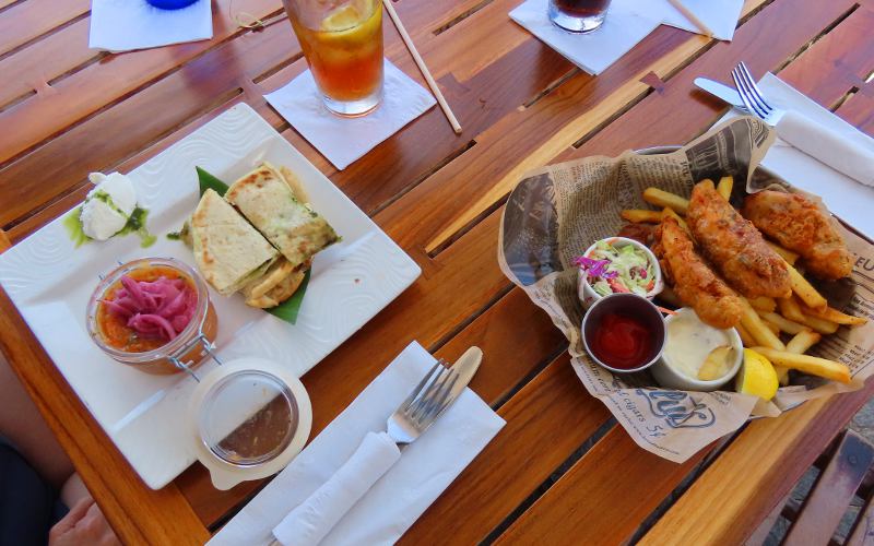 Fire roasted vegetable dip and fish and chips at Kimo's Maui