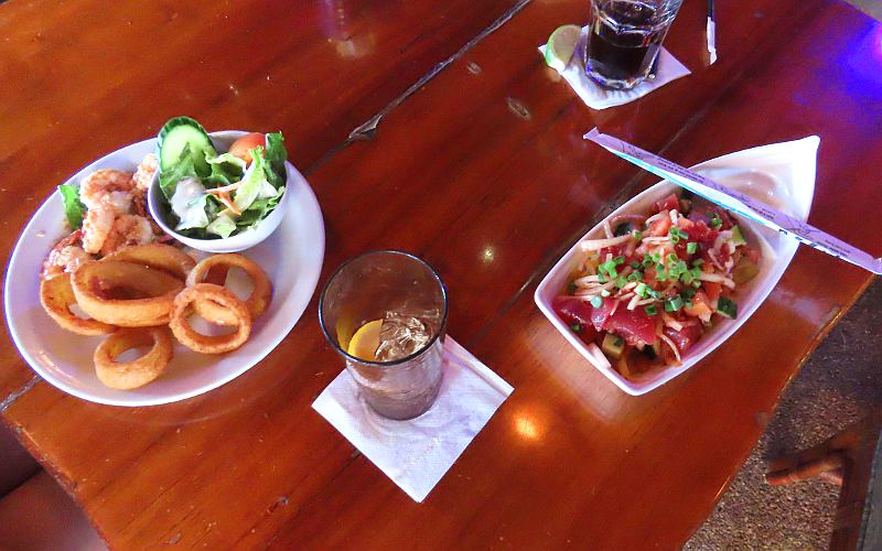 Garlic sauteed shrimp and ahi poke bowl at La Mariana Sailing Club