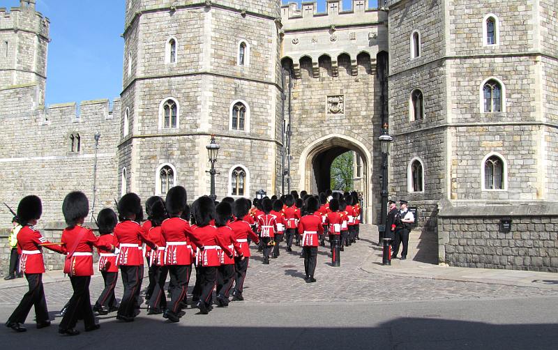 Grenadier Guards marching through the Henry VIII Gateway at Windsor Castle