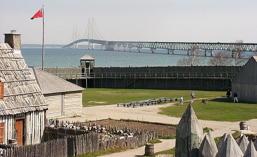 Fort Michilimackinac with Mackinac Bridge in background