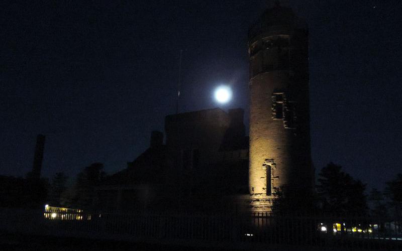 Moon and Old Mackinac Point Lighthouse at night