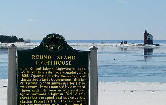 Round Island Lighthouse in winter from Mackinac Island, Michigan