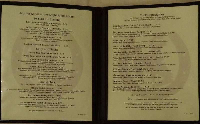 Arizona Room menu